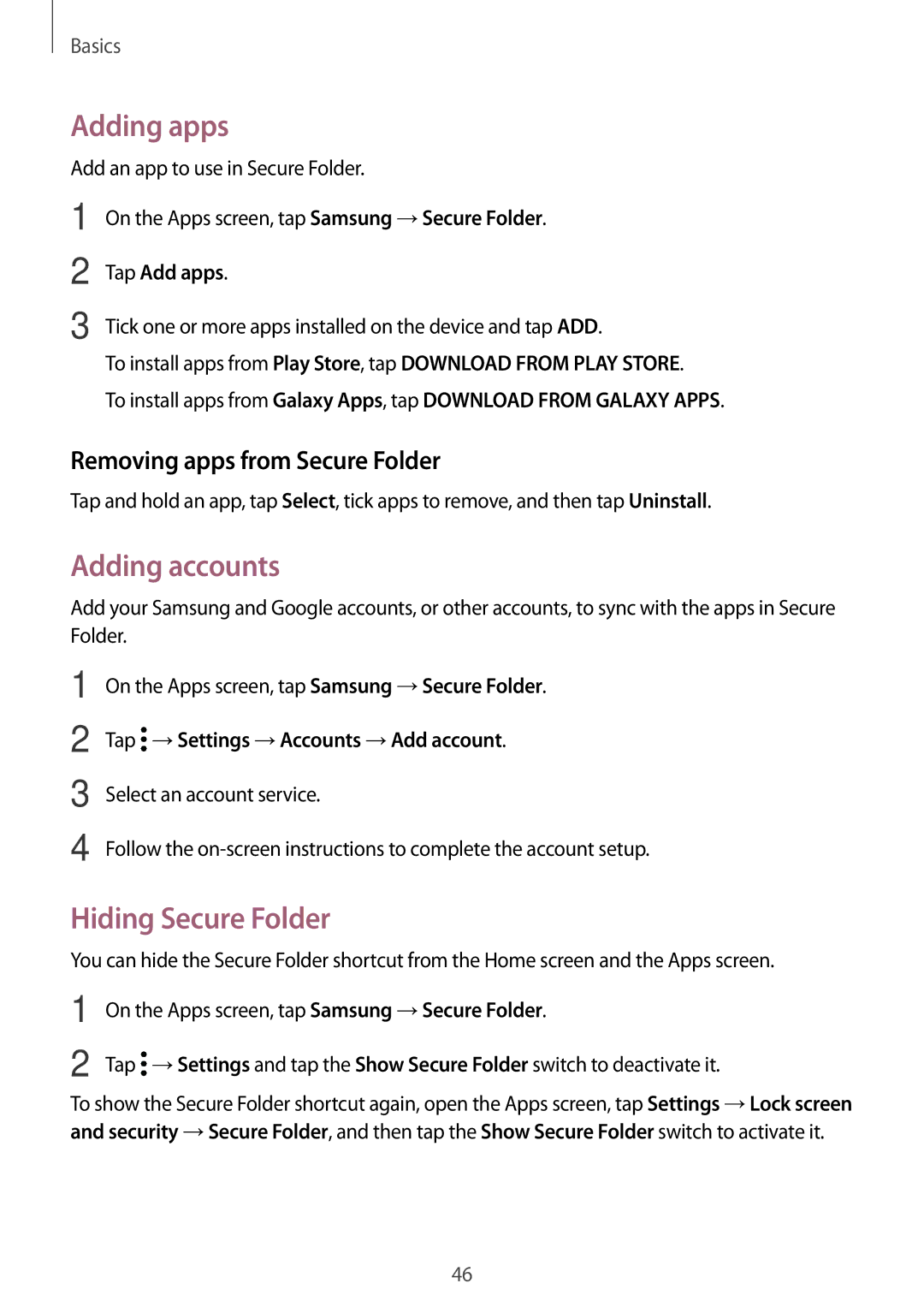 Samsung SM-T820NZSANEE manual Adding apps, Adding accounts, Hiding Secure Folder, Removing apps from Secure Folder 