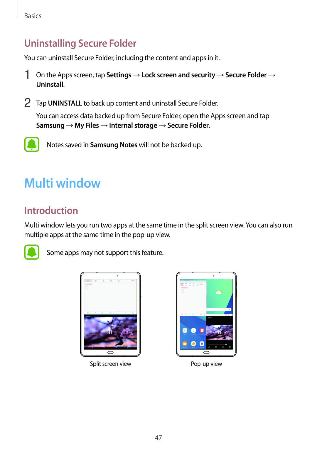 Samsung SM-T820NZKASEB manual Multi window, Uninstalling Secure Folder, Samsung →My Files →Internal storage →Secure Folder 