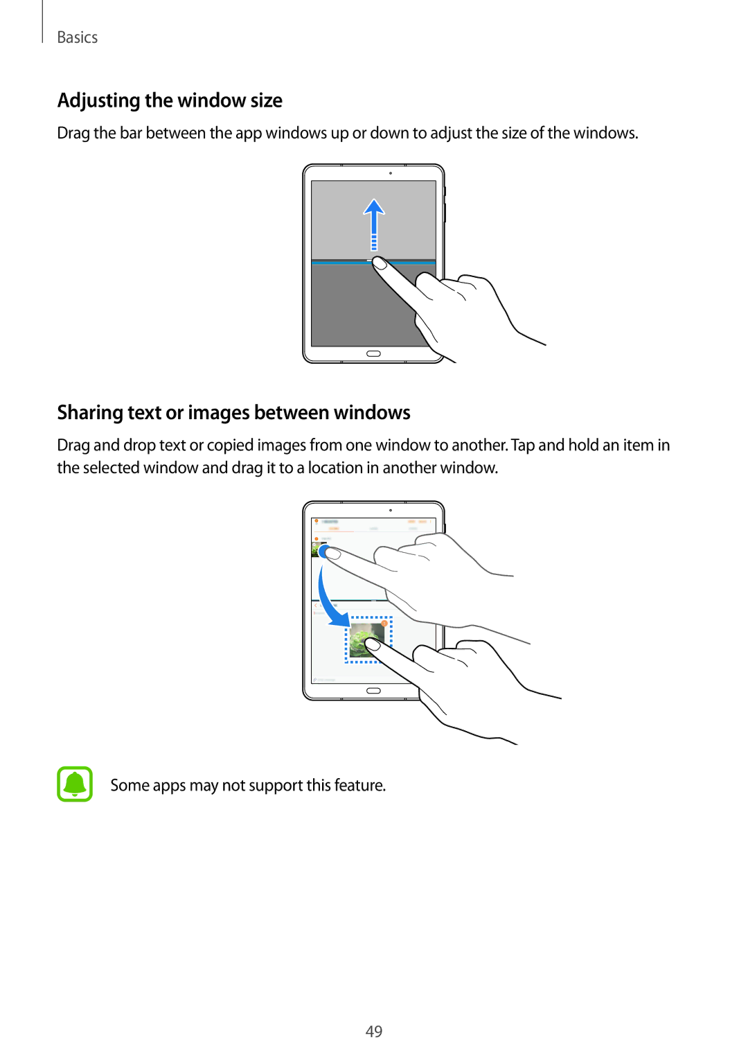 Samsung SM-T820NZKAEUR, SM-T820NZKADBT, SM-T820NZSADBT Adjusting the window size, Sharing text or images between windows 