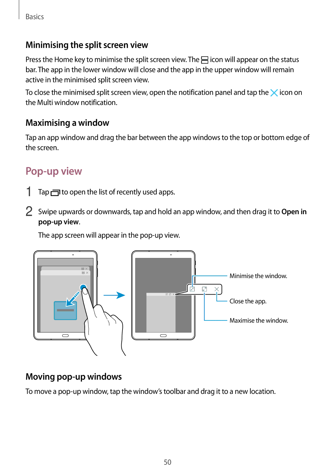 Samsung SM-T820NZSAILO manual Pop-up view, Minimising the split screen view, Maximising a window, Moving pop-up windows 