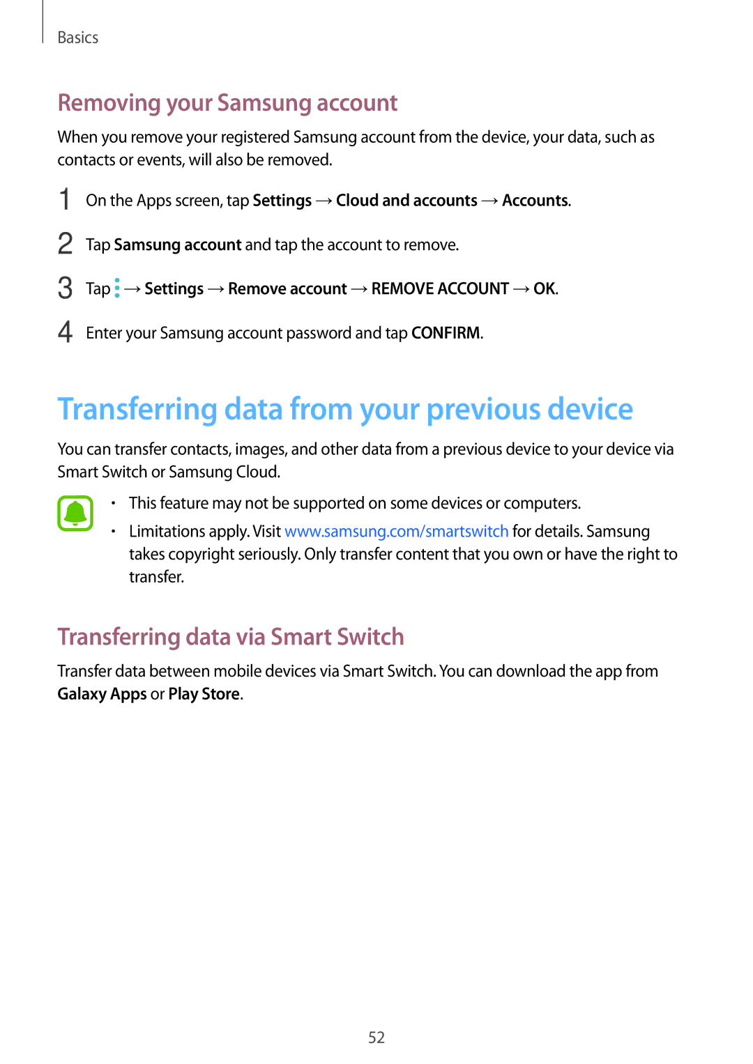 Samsung SM-T820NZSASER, SM-T820NZKADBT manual Transferring data from your previous device, Removing your Samsung account 