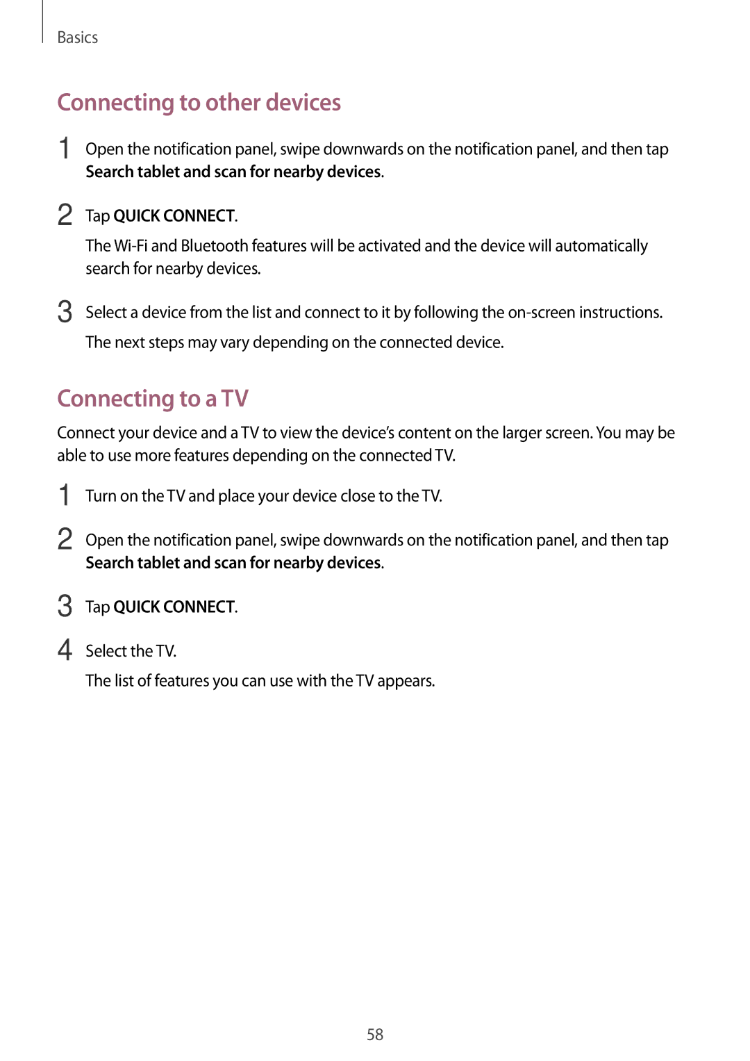 Samsung SM-T820NZSAITV, SM-T820NZKADBT, SM-T820NZSADBT Connecting to other devices, Connecting to a TV, Tap Quick Connect 