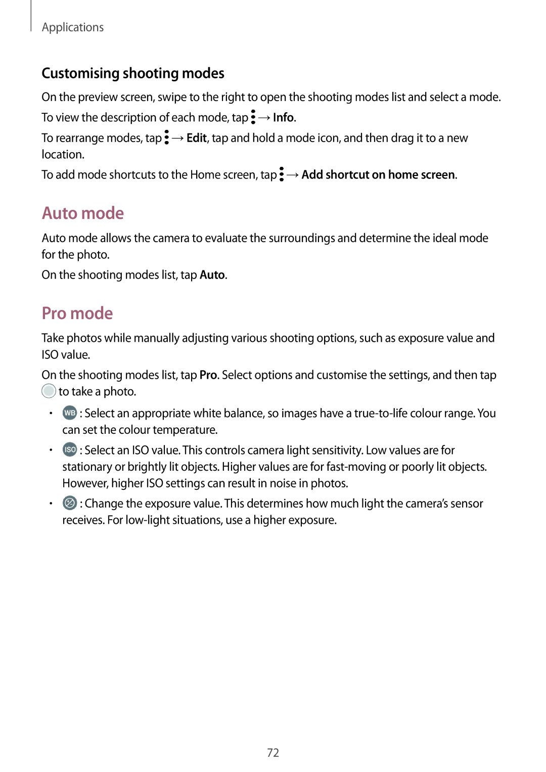 Samsung SM-T820NZKANEE, SM-T820NZKADBT, SM-T820NZSADBT, SM-T820NZKAXEF manual Auto mode, Pro mode, Customising shooting modes 