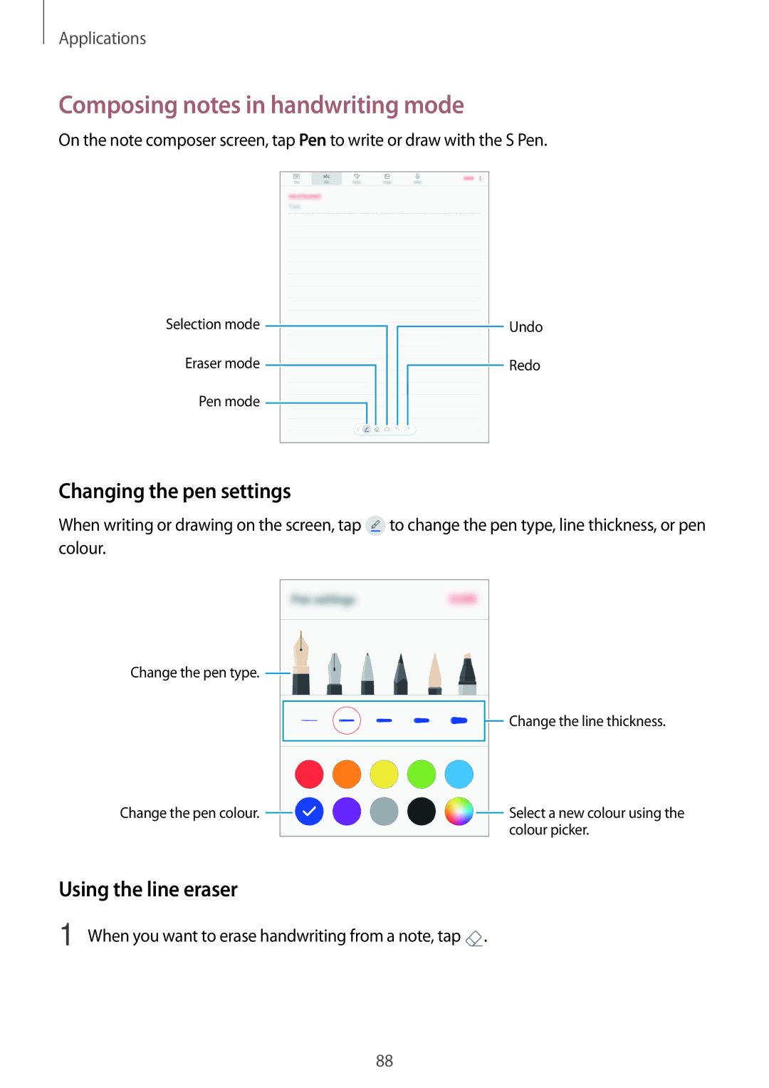 Samsung SM-T820NZSAPHE manual Composing notes in handwriting mode, Changing the pen settings, Using the line eraser 