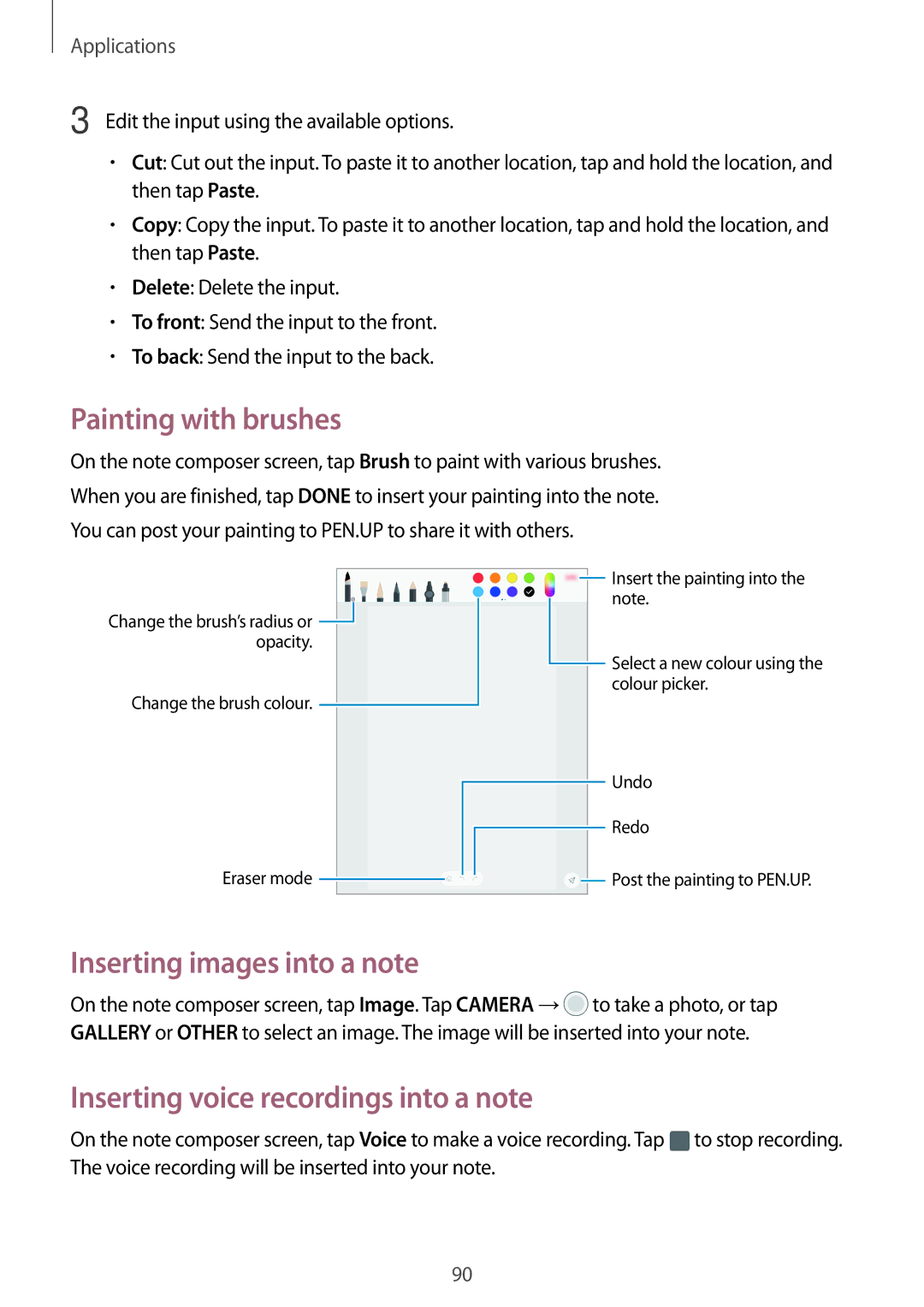 Samsung SM-T820NZKAXSK manual Painting with brushes, Inserting images into a note, Inserting voice recordings into a note 