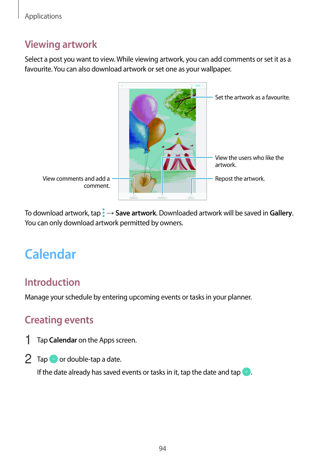 Samsung SM-T820NZKAAUT, SM-T820NZKADBT, SM-T820NZSADBT, SM-T820NZKAXEF manual Calendar, Viewing artwork, Creating events 