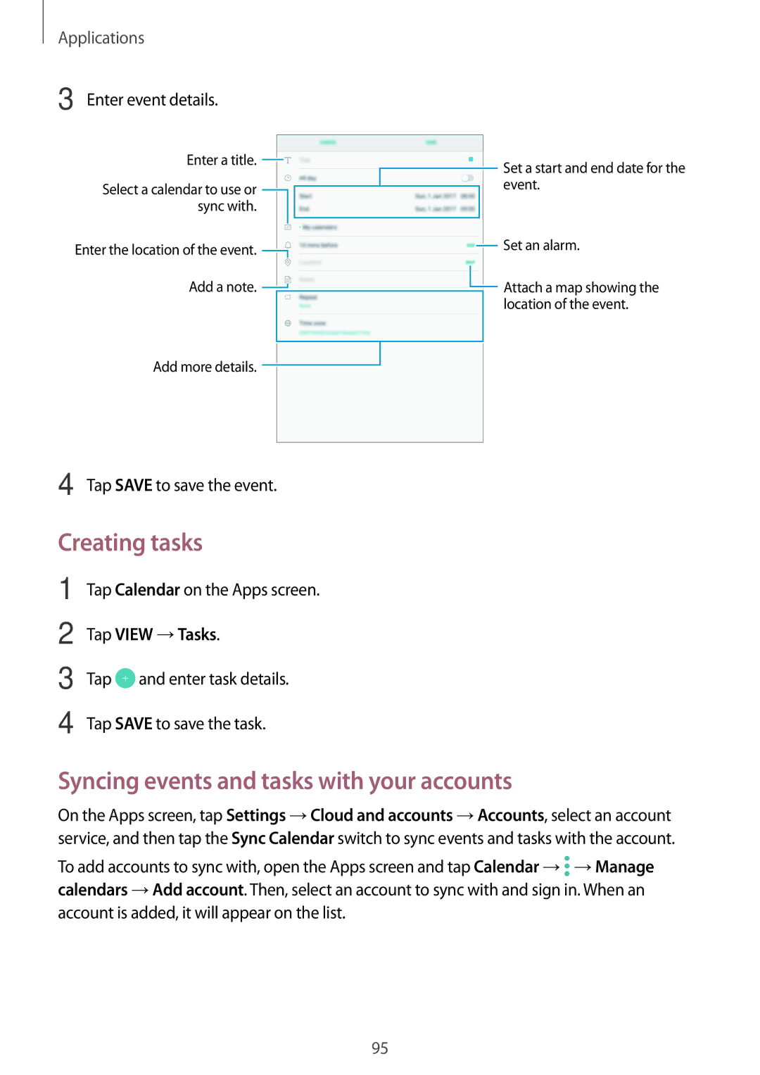 Samsung SM-T820NZKAXEZ, SM-T820NZKADBT manual Creating tasks, Syncing events and tasks with your accounts, Tap View →Tasks 