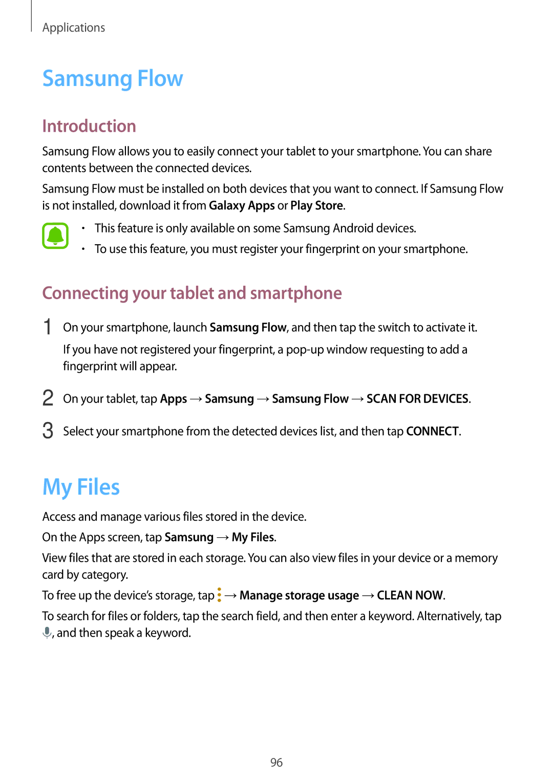 Samsung SM-T820NZKAXEH, SM-T820NZKADBT, SM-T820NZSADBT manual Samsung Flow, My Files, Connecting your tablet and smartphone 