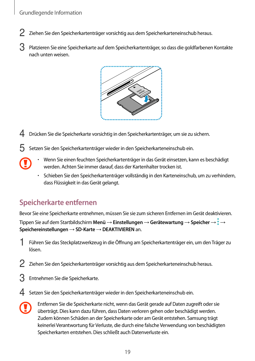 Samsung SM-T820NZSADBT, SM-T820NZKADBT manual Speicherkarte entfernen 