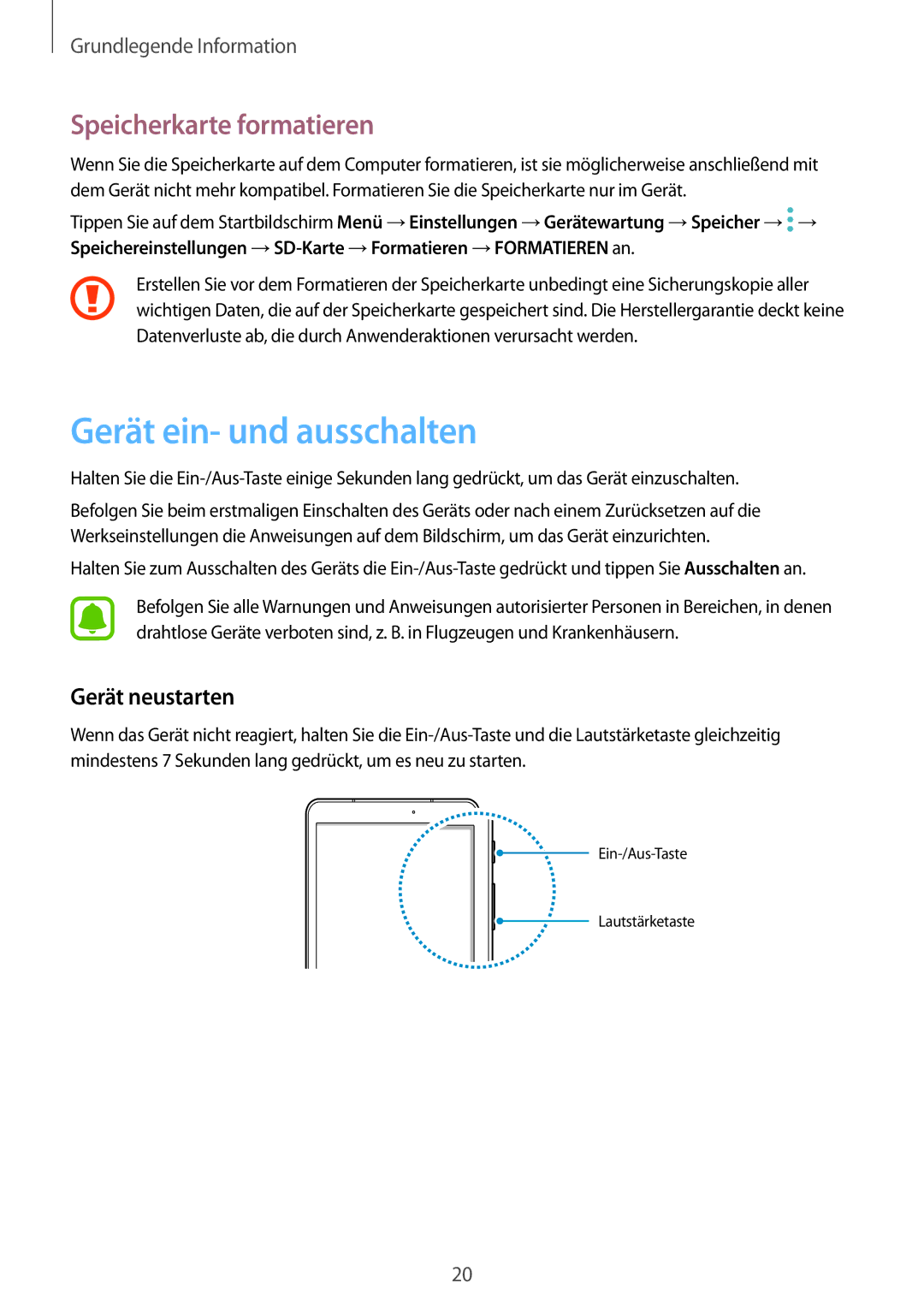 Samsung SM-T820NZKADBT, SM-T820NZSADBT manual Gerät ein- und ausschalten, Speicherkarte formatieren, Gerät neustarten 