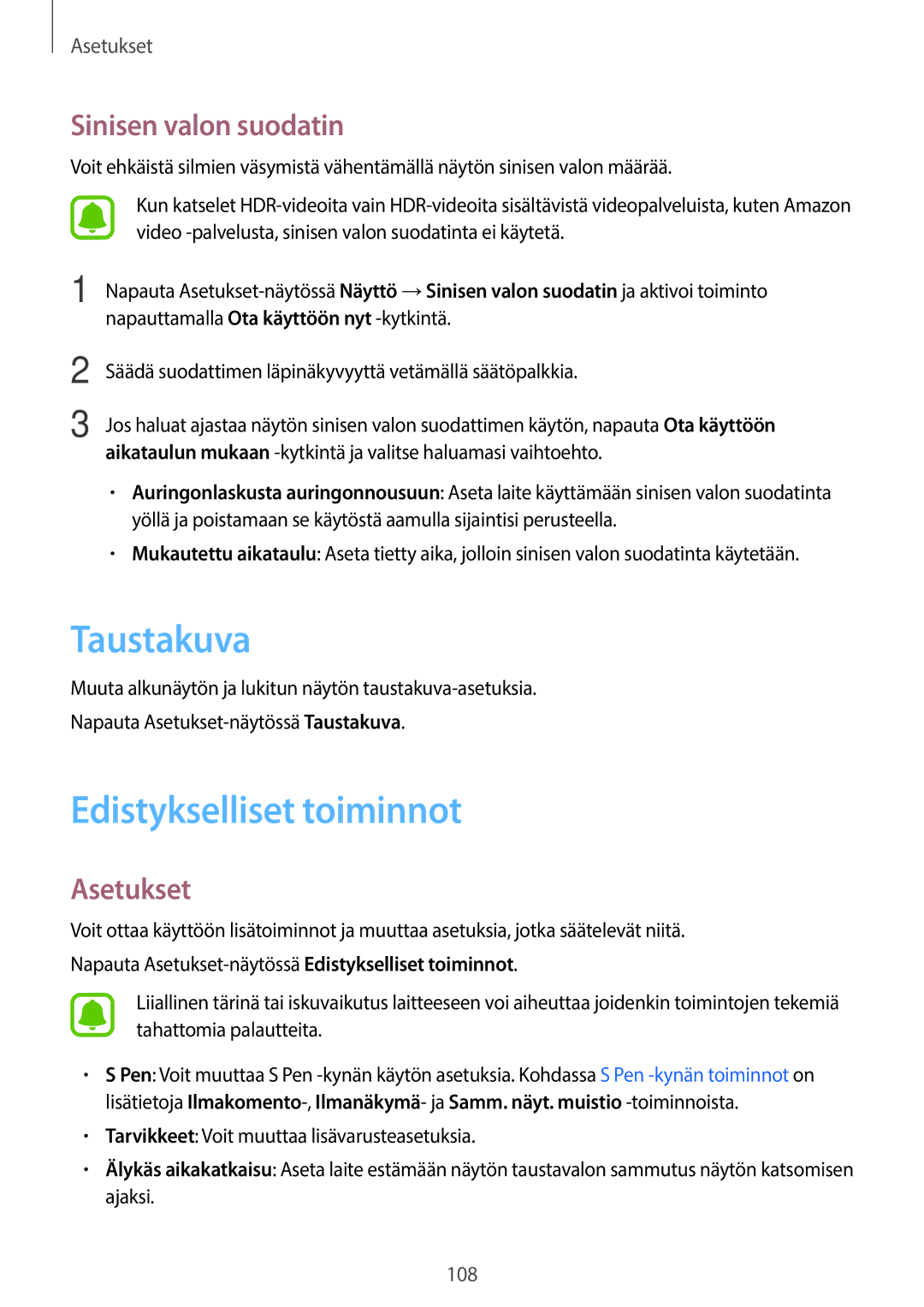 Samsung SM-T820NZKANEE, SM-T820NZSANEE manual Taustakuva, Edistykselliset toiminnot, Sinisen valon suodatin 