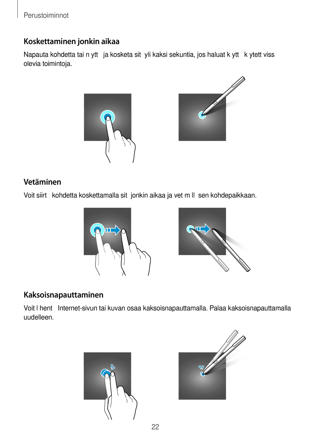 Samsung SM-T820NZKANEE, SM-T820NZSANEE manual Koskettaminen jonkin aikaa, Vetäminen, Kaksoisnapauttaminen 