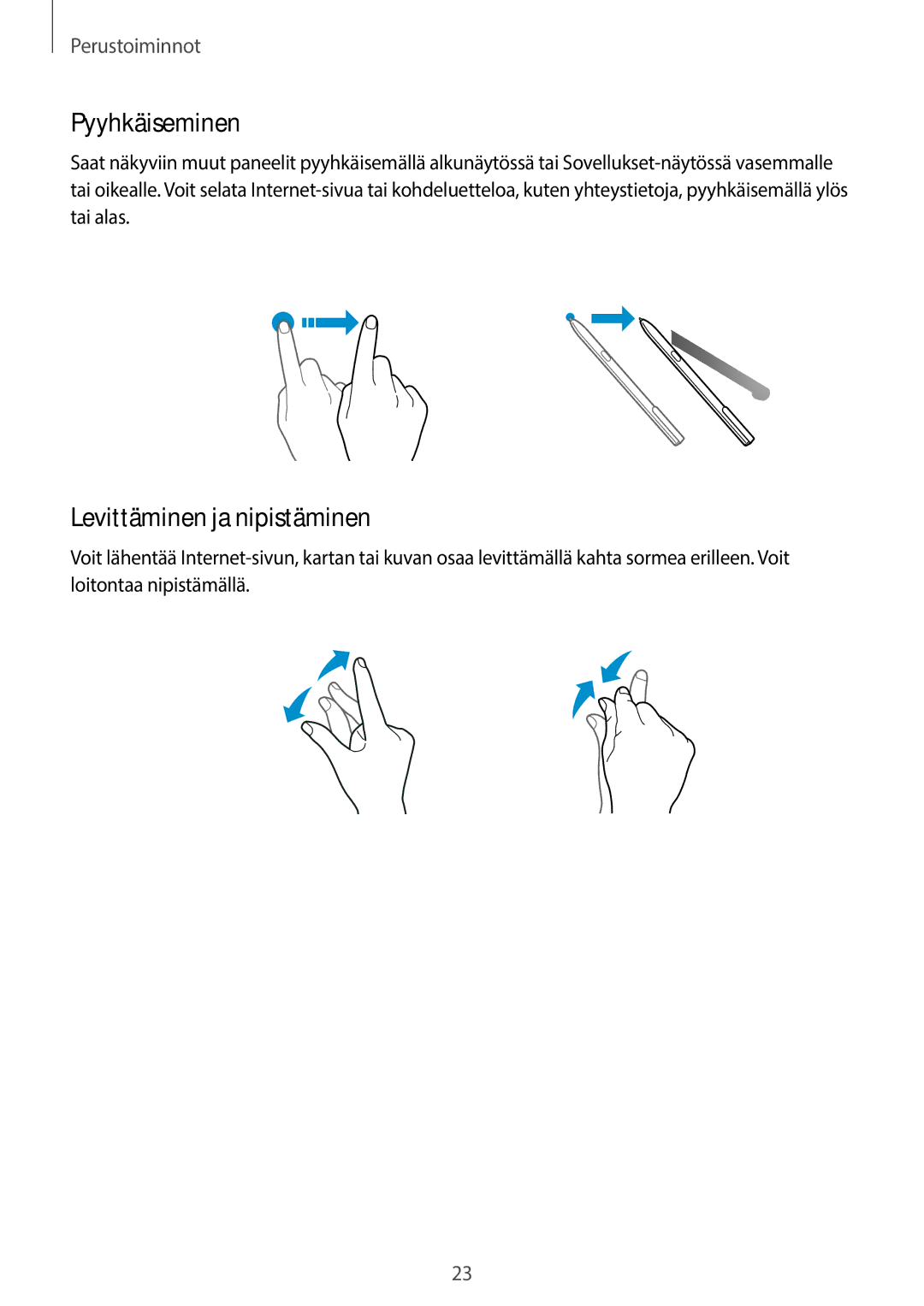 Samsung SM-T820NZSANEE, SM-T820NZKANEE manual Pyyhkäiseminen, Levittäminen ja nipistäminen 