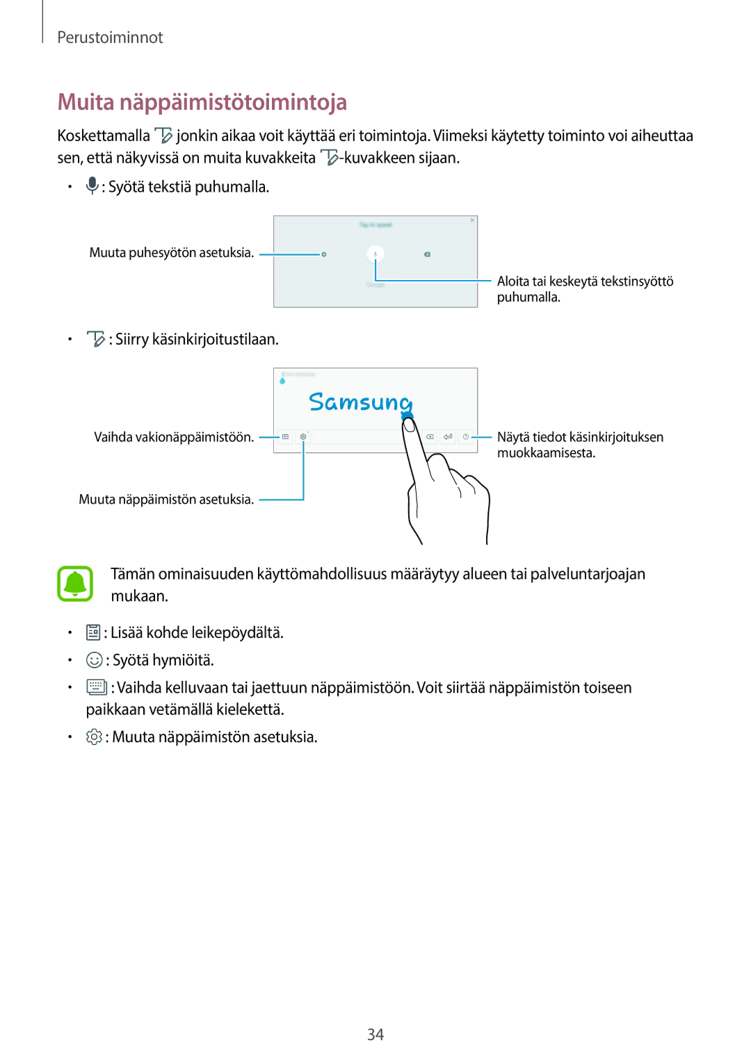 Samsung SM-T820NZKANEE, SM-T820NZSANEE manual Muita näppäimistötoimintoja, Siirry käsinkirjoitustilaan 