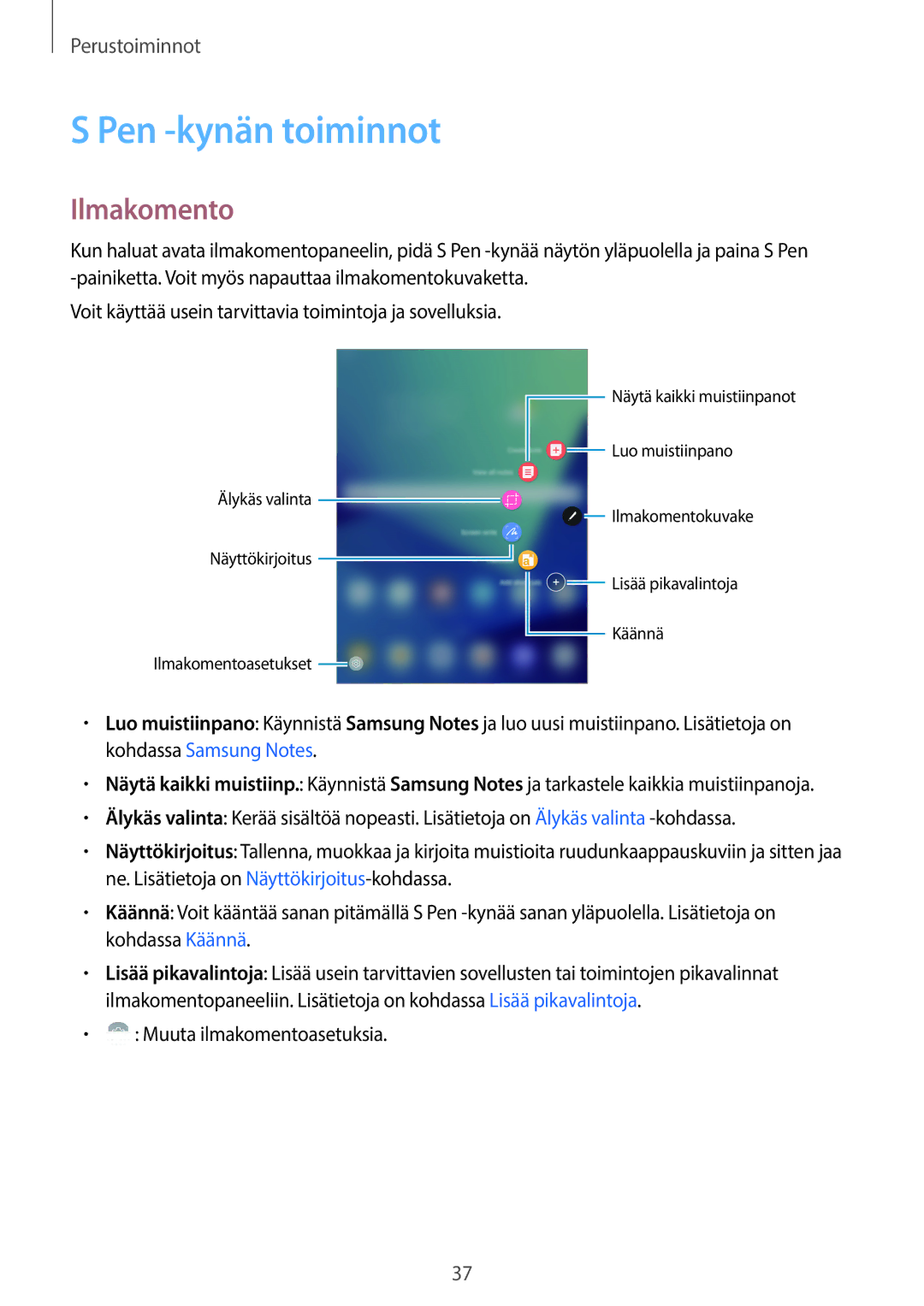 Samsung SM-T820NZSANEE, SM-T820NZKANEE manual Pen -kynän toiminnot, Ilmakomento, Muuta ilmakomentoasetuksia 