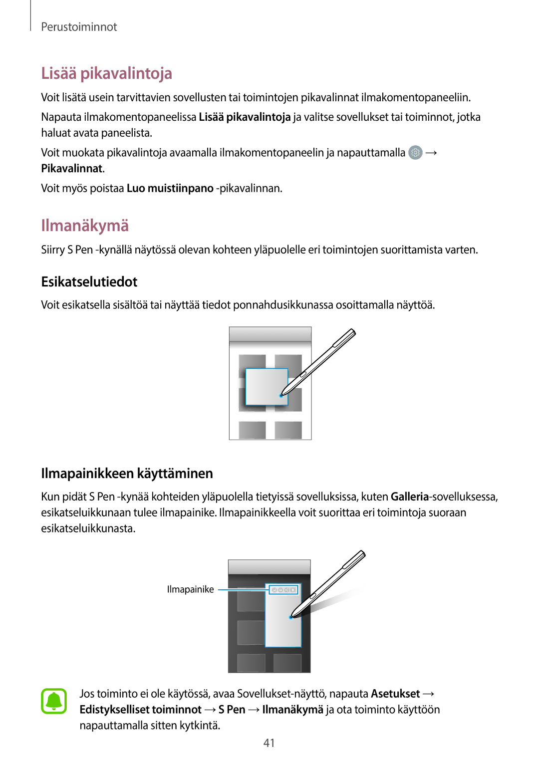 Samsung SM-T820NZSANEE, SM-T820NZKANEE manual Lisää pikavalintoja, Ilmanäkymä, Esikatselutiedot, Ilmapainikkeen käyttäminen 