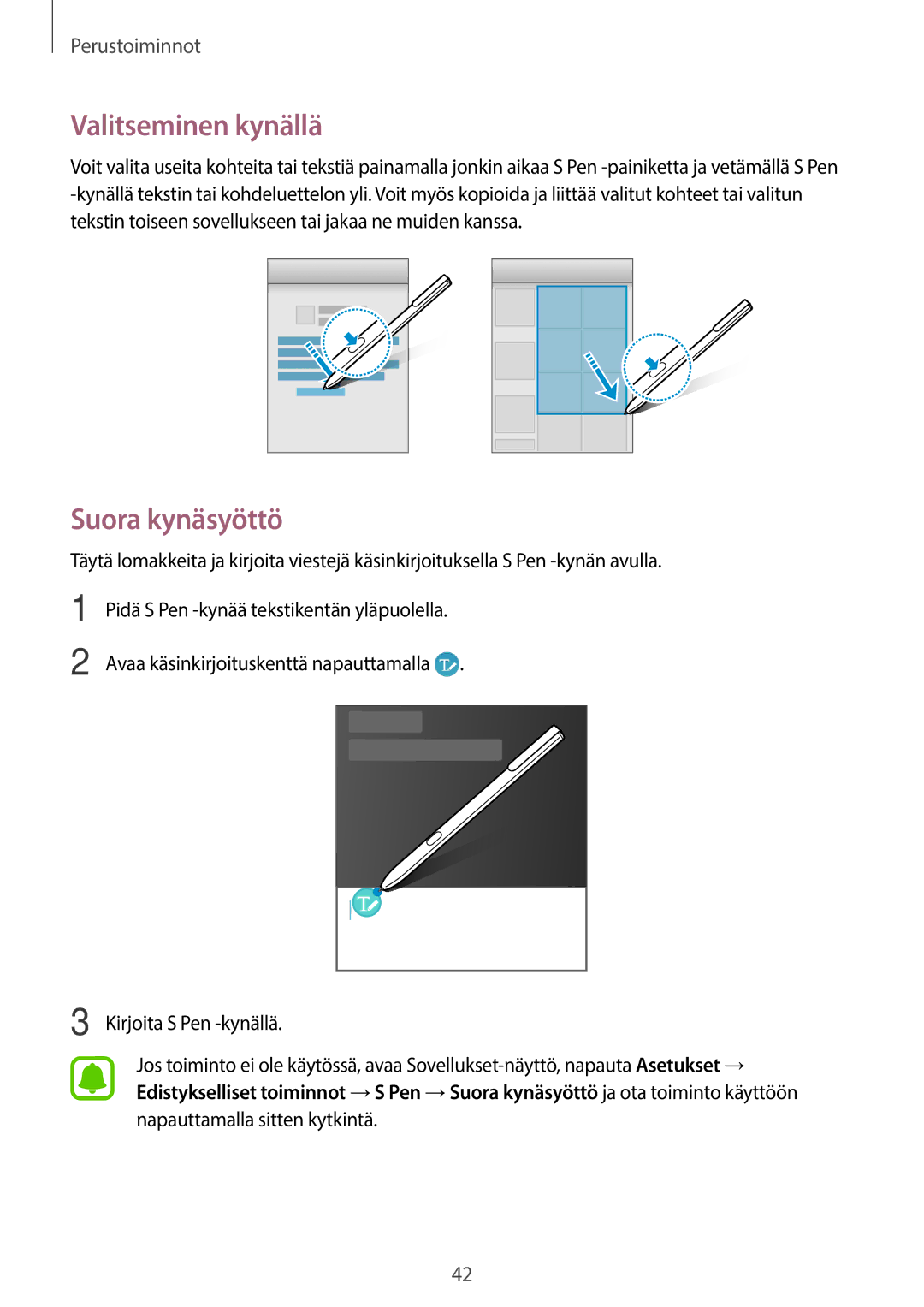 Samsung SM-T820NZKANEE, SM-T820NZSANEE Valitseminen kynällä, Suora kynäsyöttö, Pidä S Pen -kynää tekstikentän yläpuolella 