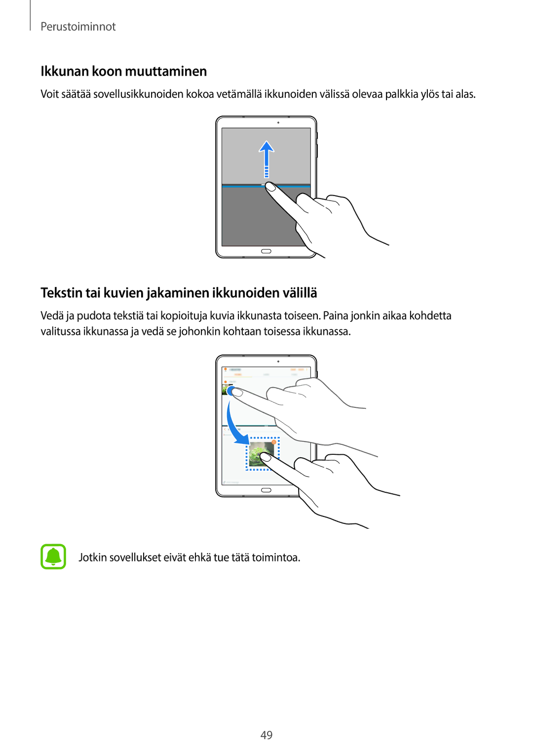 Samsung SM-T820NZSANEE, SM-T820NZKANEE manual Ikkunan koon muuttaminen, Tekstin tai kuvien jakaminen ikkunoiden välillä 