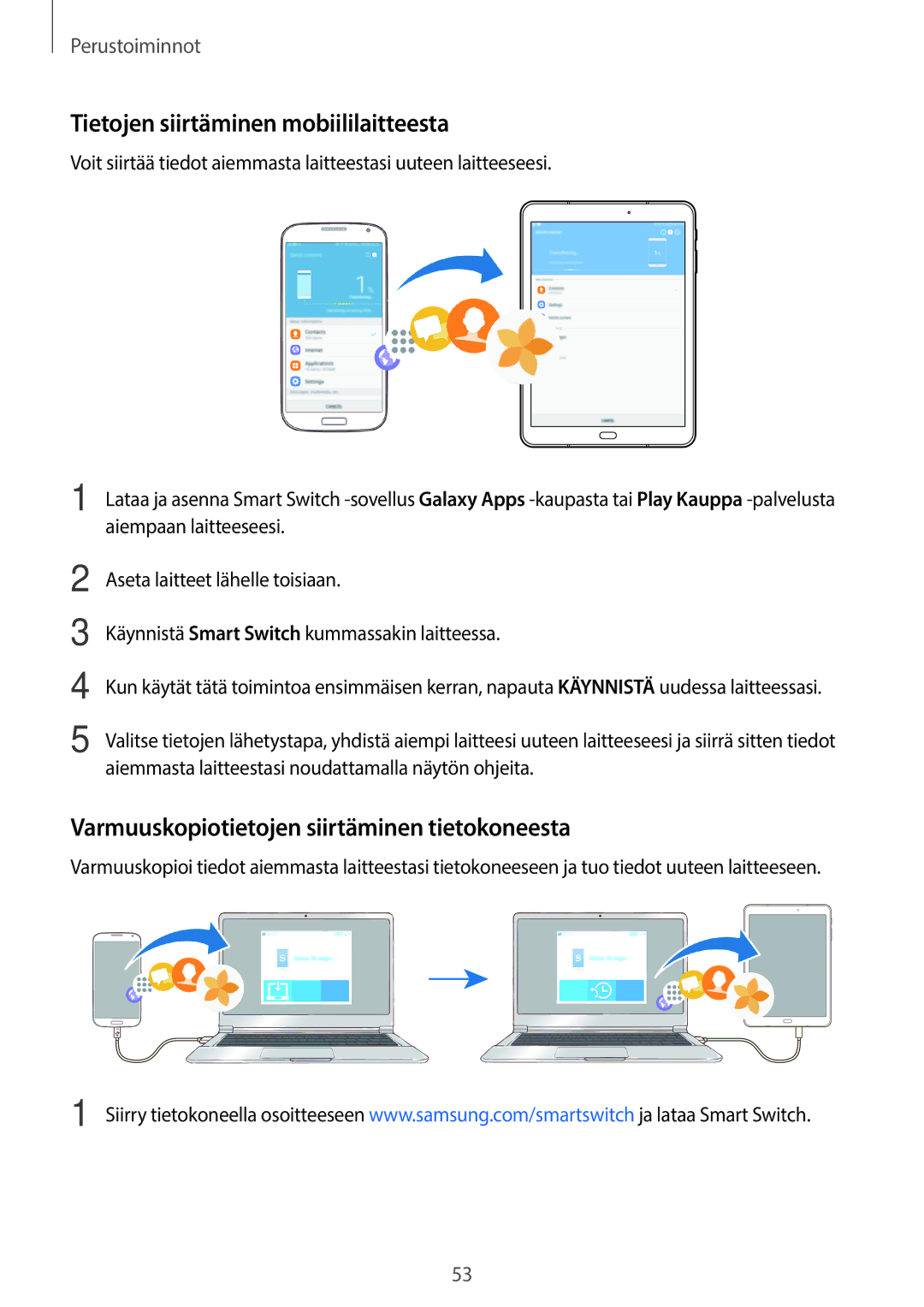 Samsung SM-T820NZSANEE manual Tietojen siirtäminen mobiililaitteesta, Varmuuskopiotietojen siirtäminen tietokoneesta 