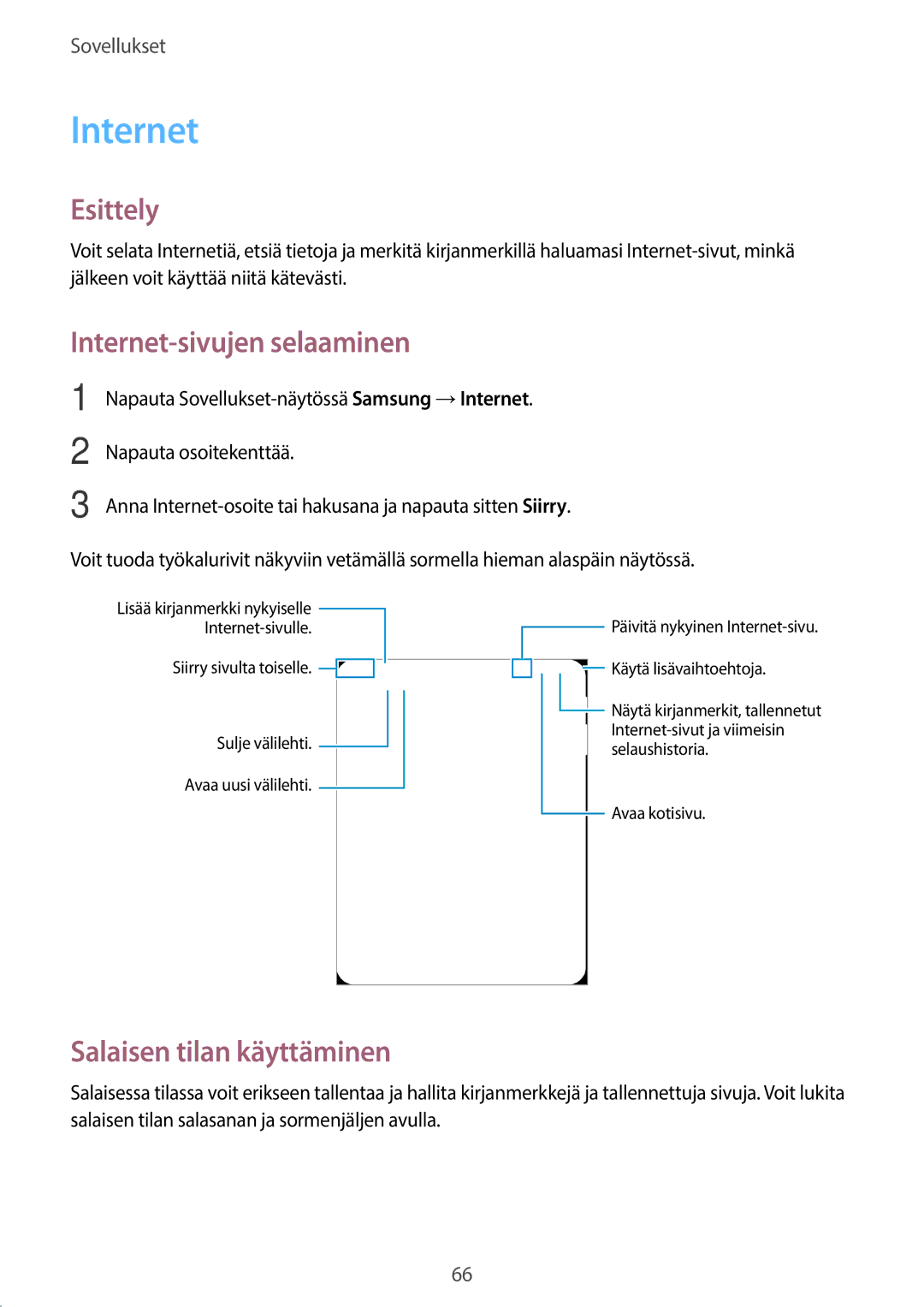 Samsung SM-T820NZKANEE, SM-T820NZSANEE manual Internet-sivujen selaaminen, Salaisen tilan käyttäminen 