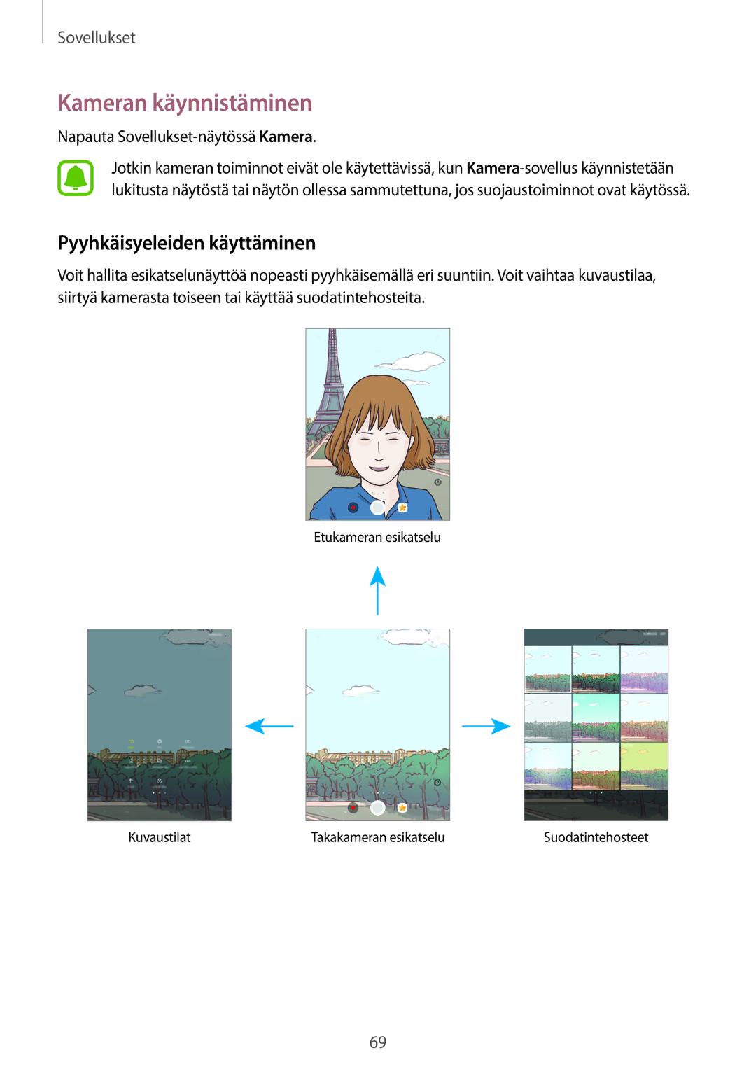 Samsung SM-T820NZSANEE manual Kameran käynnistäminen, Pyyhkäisyeleiden käyttäminen, Napauta Sovellukset-näytössä Kamera 