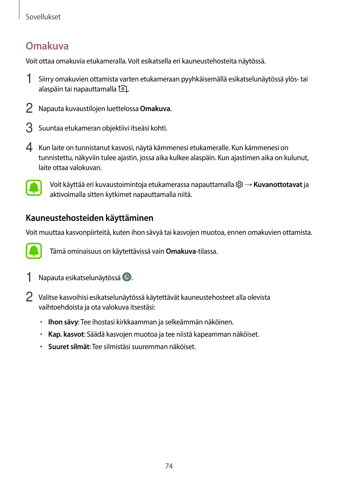 Samsung SM-T820NZKANEE, SM-T820NZSANEE manual Omakuva, Kauneustehosteiden käyttäminen 