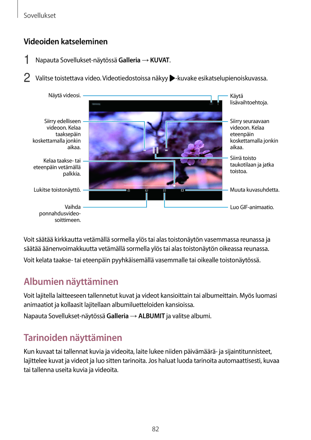 Samsung SM-T820NZKANEE, SM-T820NZSANEE manual Albumien näyttäminen, Tarinoiden näyttäminen, Videoiden katseleminen 