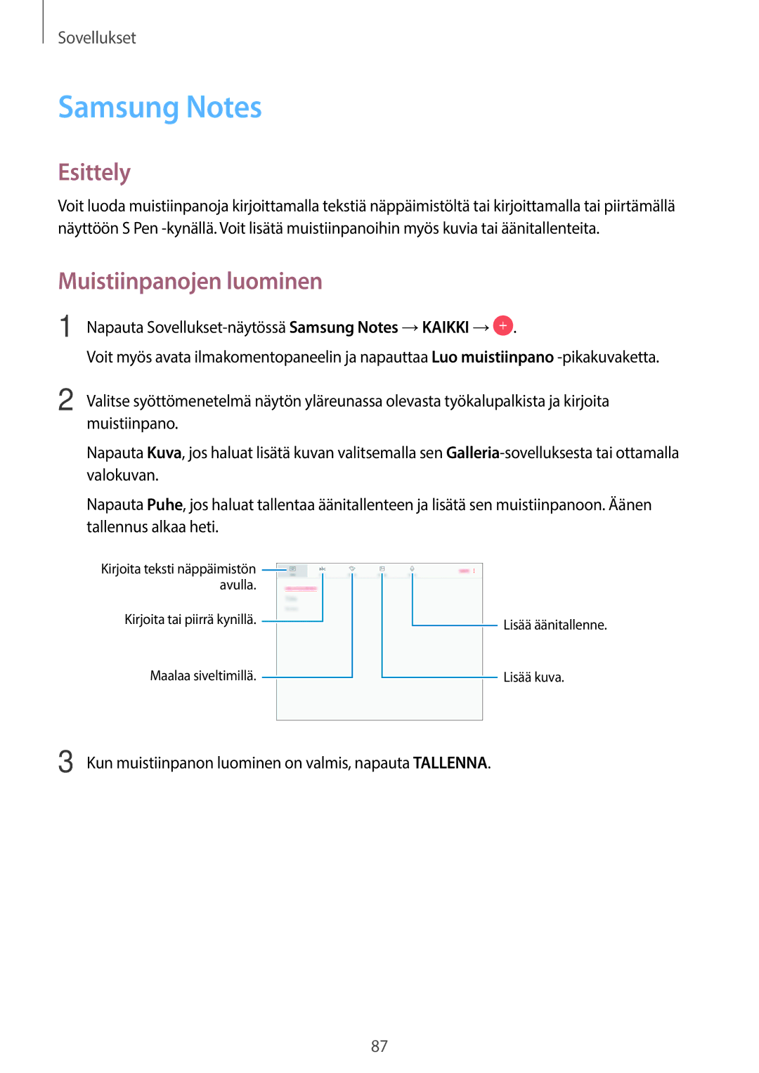 Samsung SM-T820NZSANEE, SM-T820NZKANEE Muistiinpanojen luominen, Napauta Sovellukset-näytössä Samsung Notes →KAIKKI → 