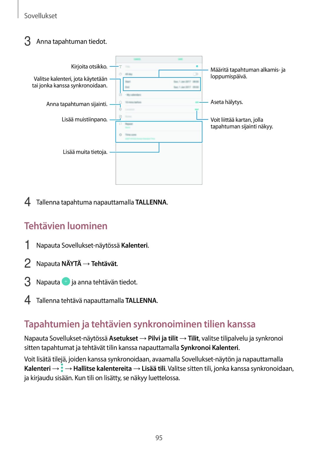 Samsung SM-T820NZSANEE Tehtävien luominen, Tapahtumien ja tehtävien synkronoiminen tilien kanssa, Anna tapahtuman tiedot 