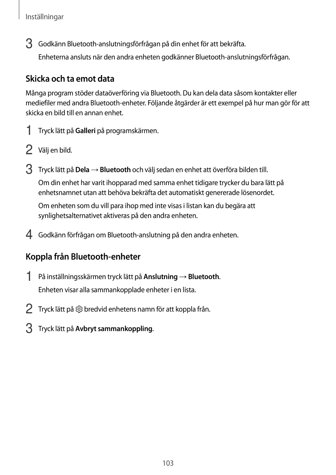 Samsung SM-T820NZSANEE, SM-T820NZKANEE manual Skicka och ta emot data, Koppla från Bluetooth-enheter 