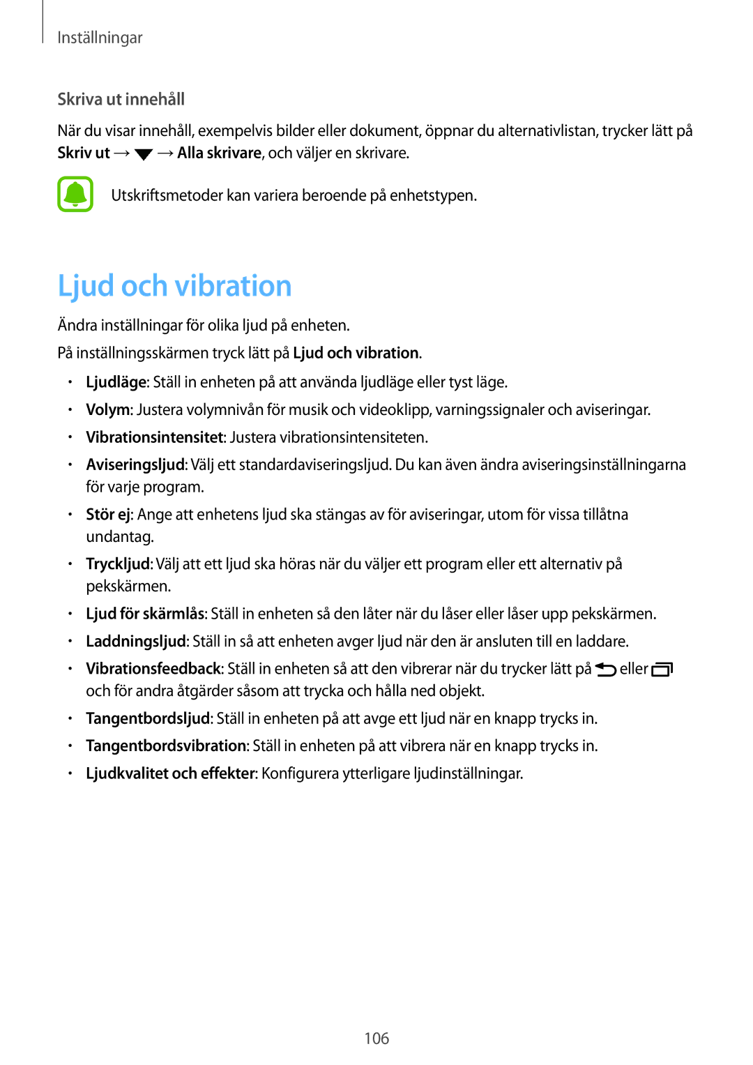 Samsung SM-T820NZKANEE, SM-T820NZSANEE manual Ljud och vibration, Skriva ut innehåll 