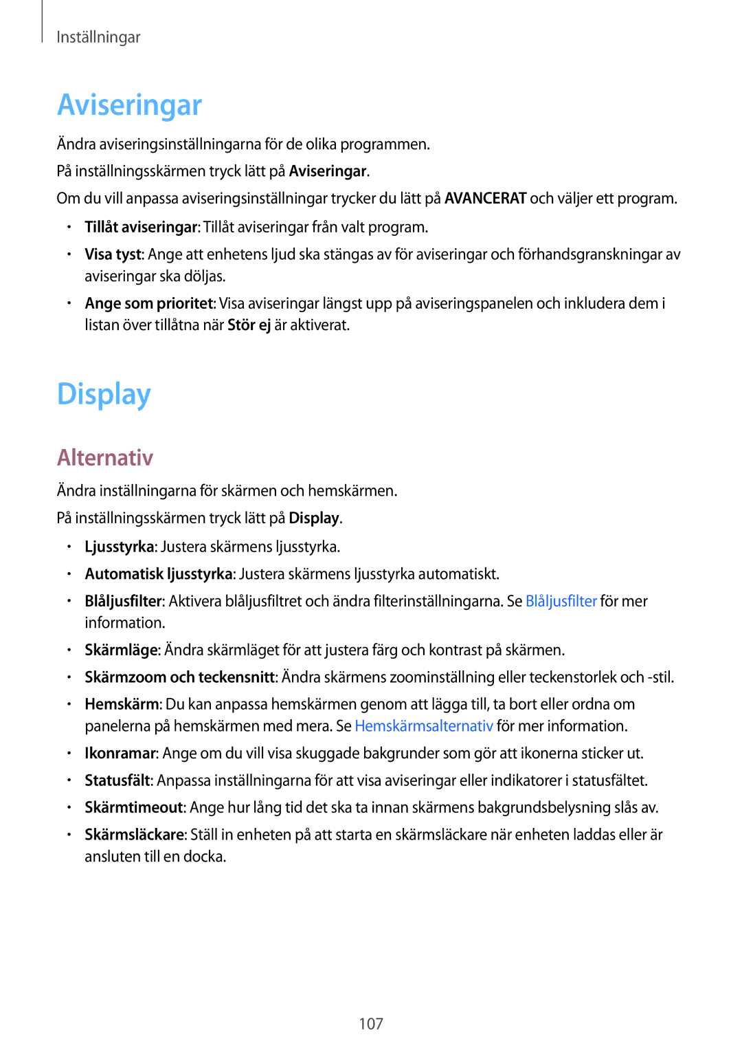 Samsung SM-T820NZSANEE, SM-T820NZKANEE manual Aviseringar, Display, Alternativ 