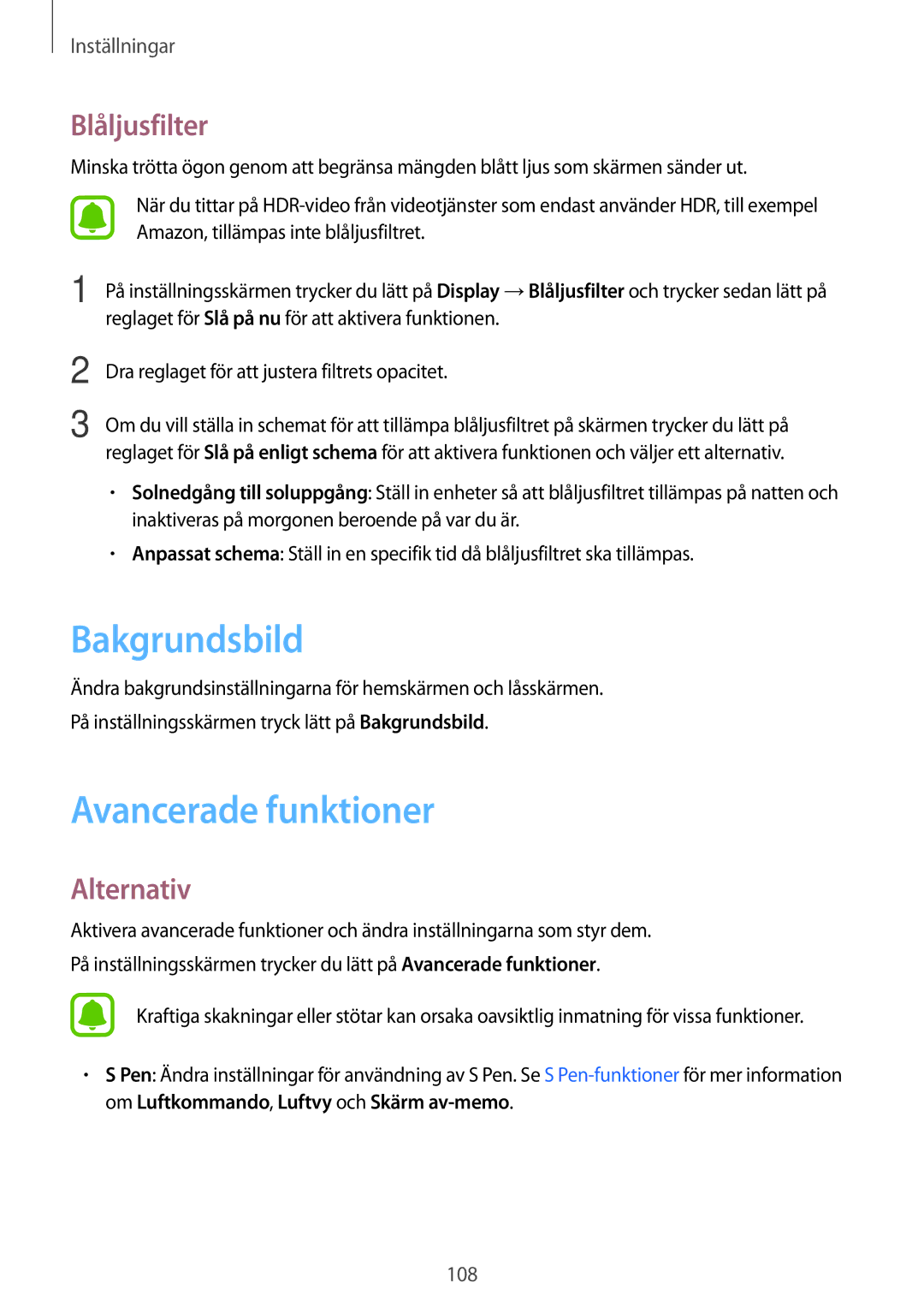 Samsung SM-T820NZKANEE, SM-T820NZSANEE manual Bakgrundsbild, Avancerade funktioner, Blåljusfilter 