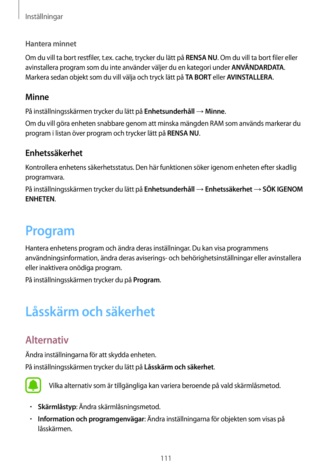 Samsung SM-T820NZSANEE, SM-T820NZKANEE manual Program, Låsskärm och säkerhet, Minne, Enhetssäkerhet 