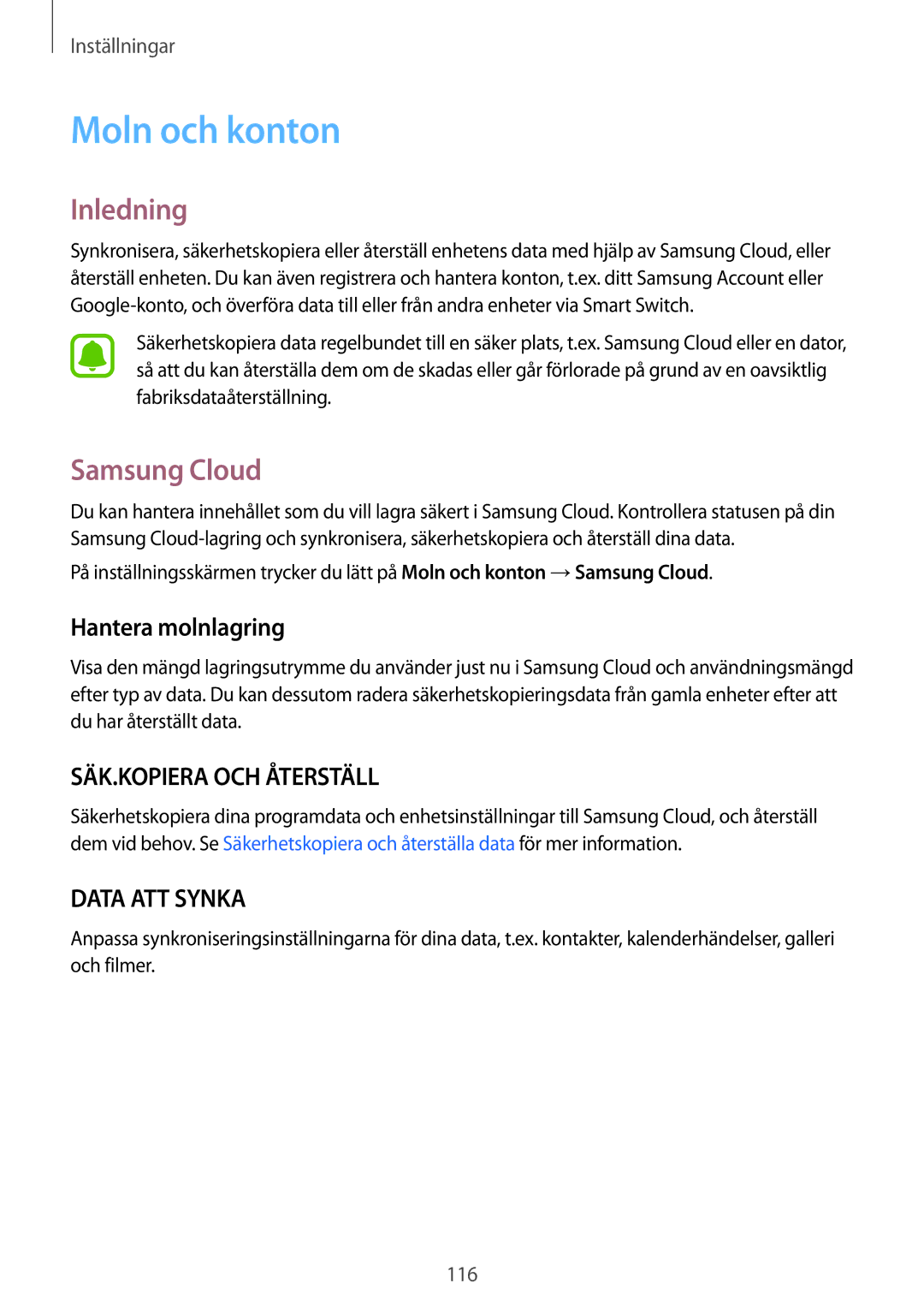 Samsung SM-T820NZKANEE, SM-T820NZSANEE manual Moln och konton, Samsung Cloud, Hantera molnlagring 