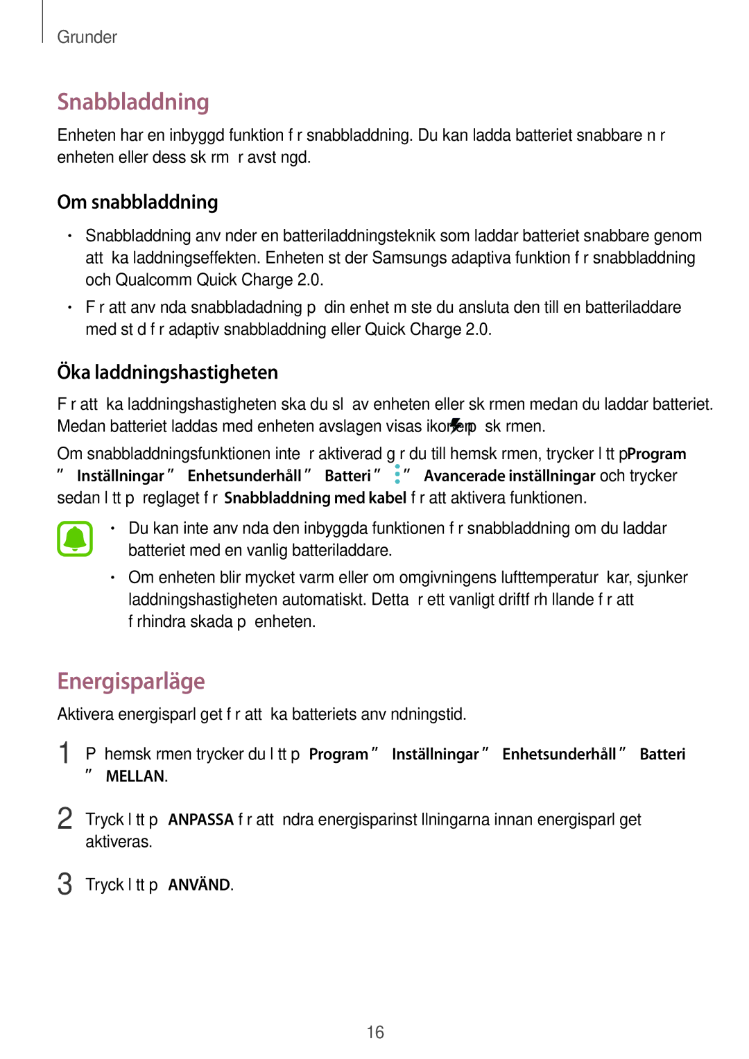 Samsung SM-T820NZKANEE, SM-T820NZSANEE manual Snabbladdning, Energisparläge, Om snabbladdning, Öka laddningshastigheten 