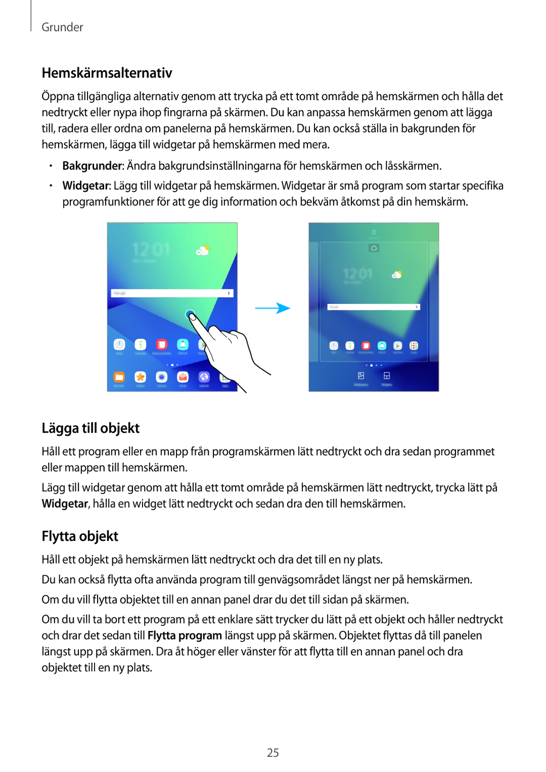 Samsung SM-T820NZSANEE, SM-T820NZKANEE manual Hemskärmsalternativ, Lägga till objekt, Flytta objekt 