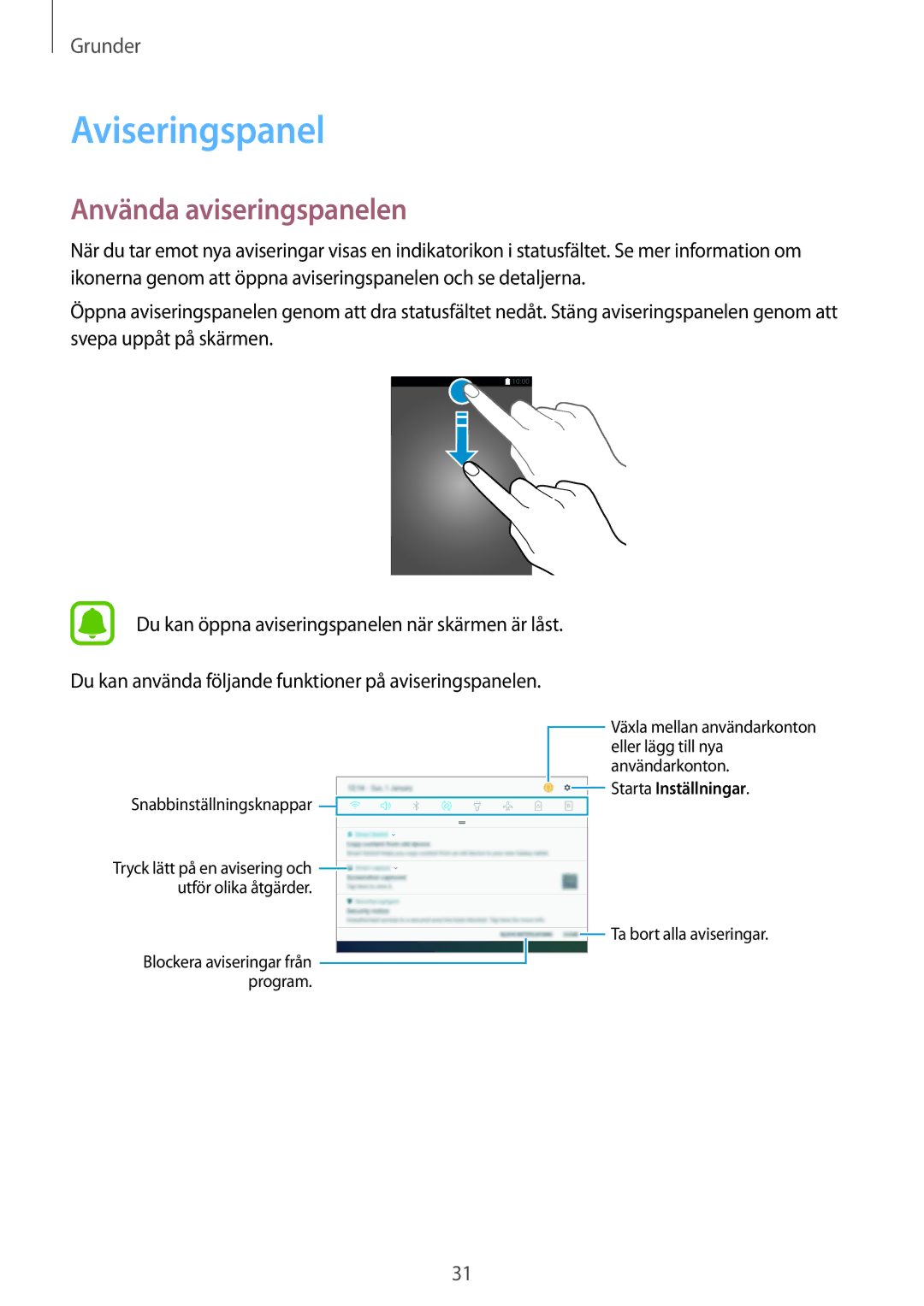 Samsung SM-T820NZSANEE, SM-T820NZKANEE manual Aviseringspanel, Använda aviseringspanelen 