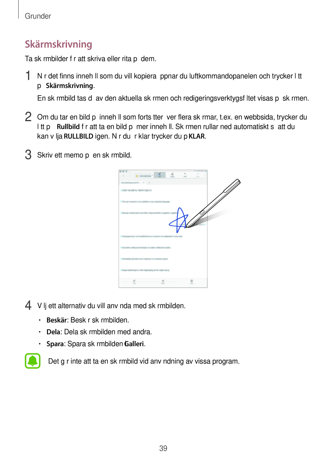 Samsung SM-T820NZSANEE, SM-T820NZKANEE manual Skärmskrivning 