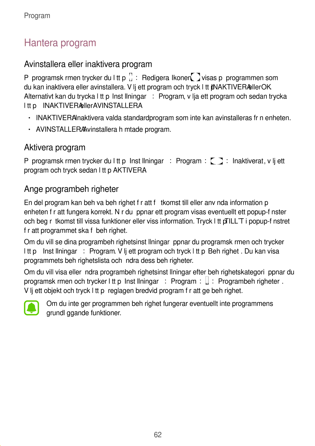 Samsung SM-T820NZKANEE Hantera program, Avinstallera eller inaktivera program, Aktivera program, Ange programbehörigheter 