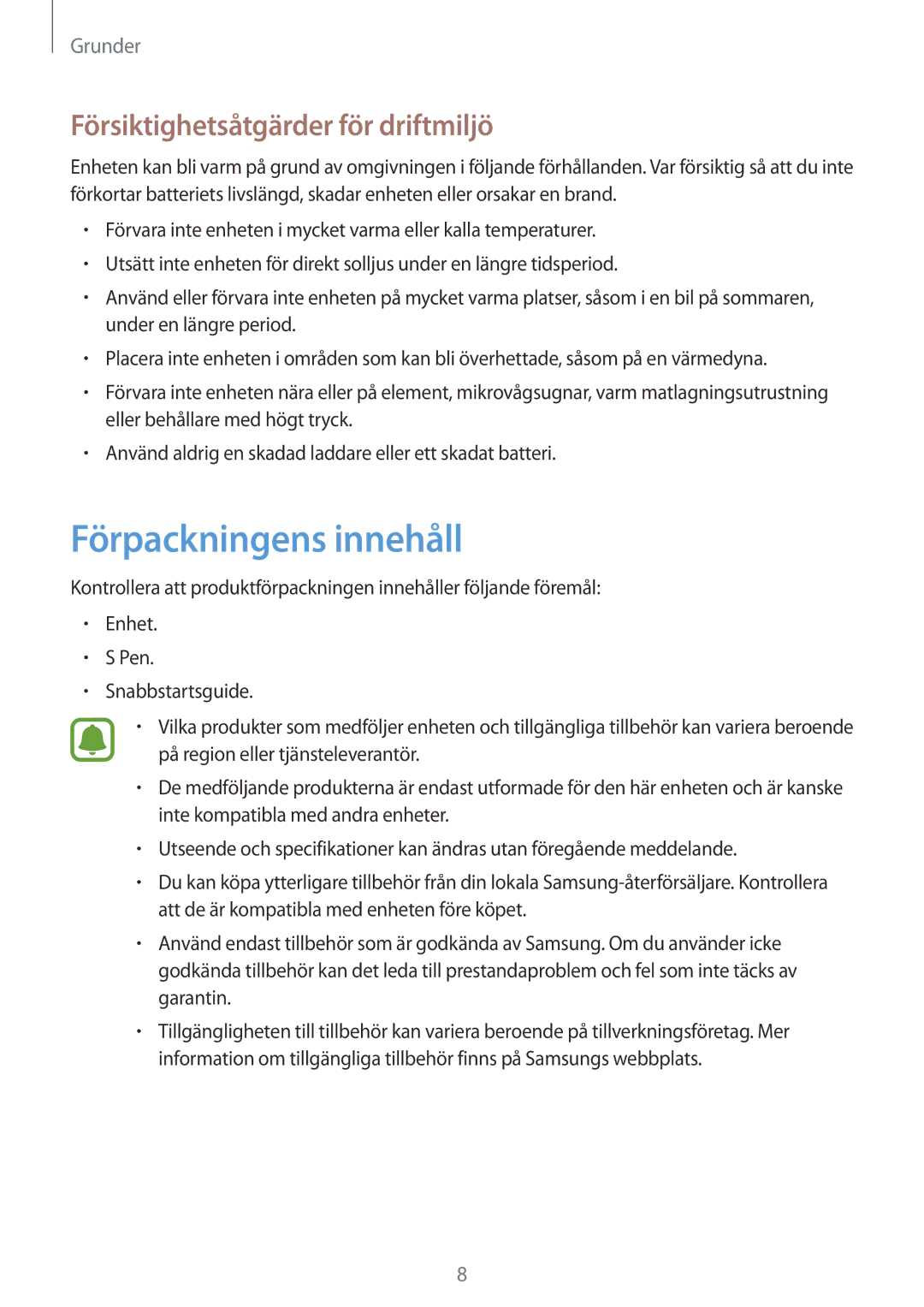 Samsung SM-T820NZKANEE, SM-T820NZSANEE manual Förpackningens innehåll, Försiktighetsåtgärder för driftmiljö 