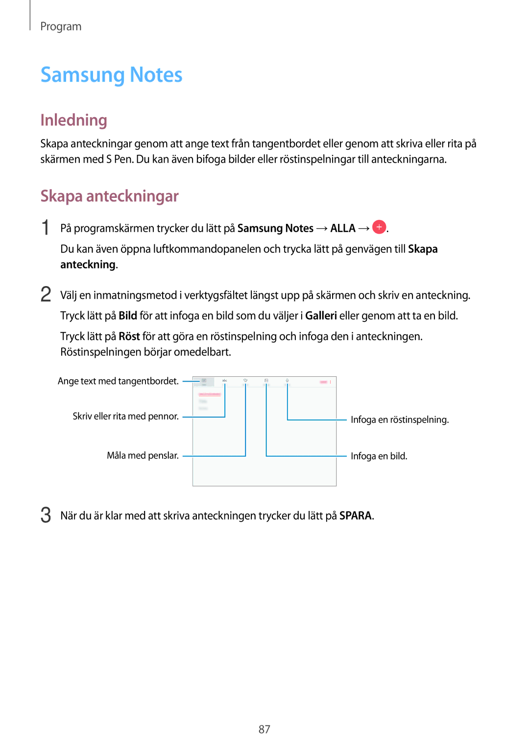 Samsung SM-T820NZSANEE, SM-T820NZKANEE manual Samsung Notes, Skapa anteckningar 