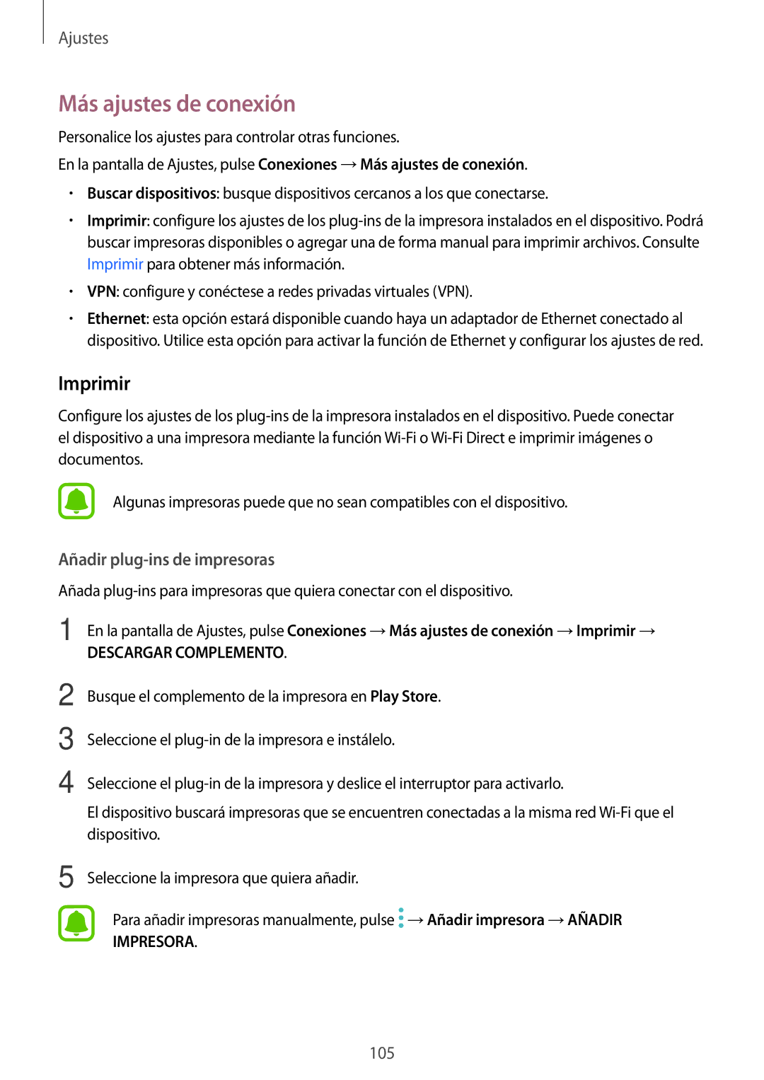 Samsung SM-T820NZSAPHE, SM-T820NZKAPHE manual Más ajustes de conexión, Imprimir 