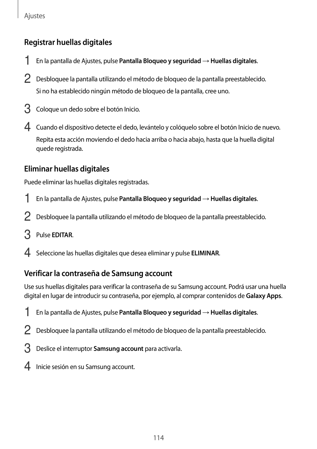 Samsung SM-T820NZKAPHE Registrar huellas digitales, Eliminar huellas digitales, Verificar la contraseña de Samsung account 