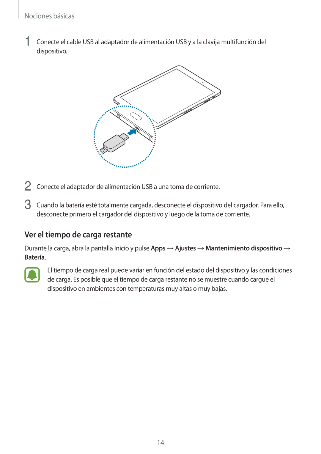 Samsung SM-T820NZKAPHE, SM-T820NZSAPHE manual Ver el tiempo de carga restante 