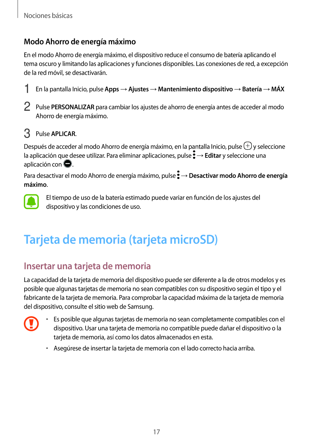 Samsung SM-T820NZSAPHE Tarjeta de memoria tarjeta microSD, Insertar una tarjeta de memoria, Modo Ahorro de energía máximo 