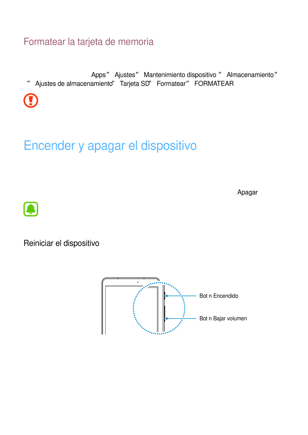 Samsung SM-T820NZKAPHE manual Encender y apagar el dispositivo, Formatear la tarjeta de memoria, Reiniciar el dispositivo 