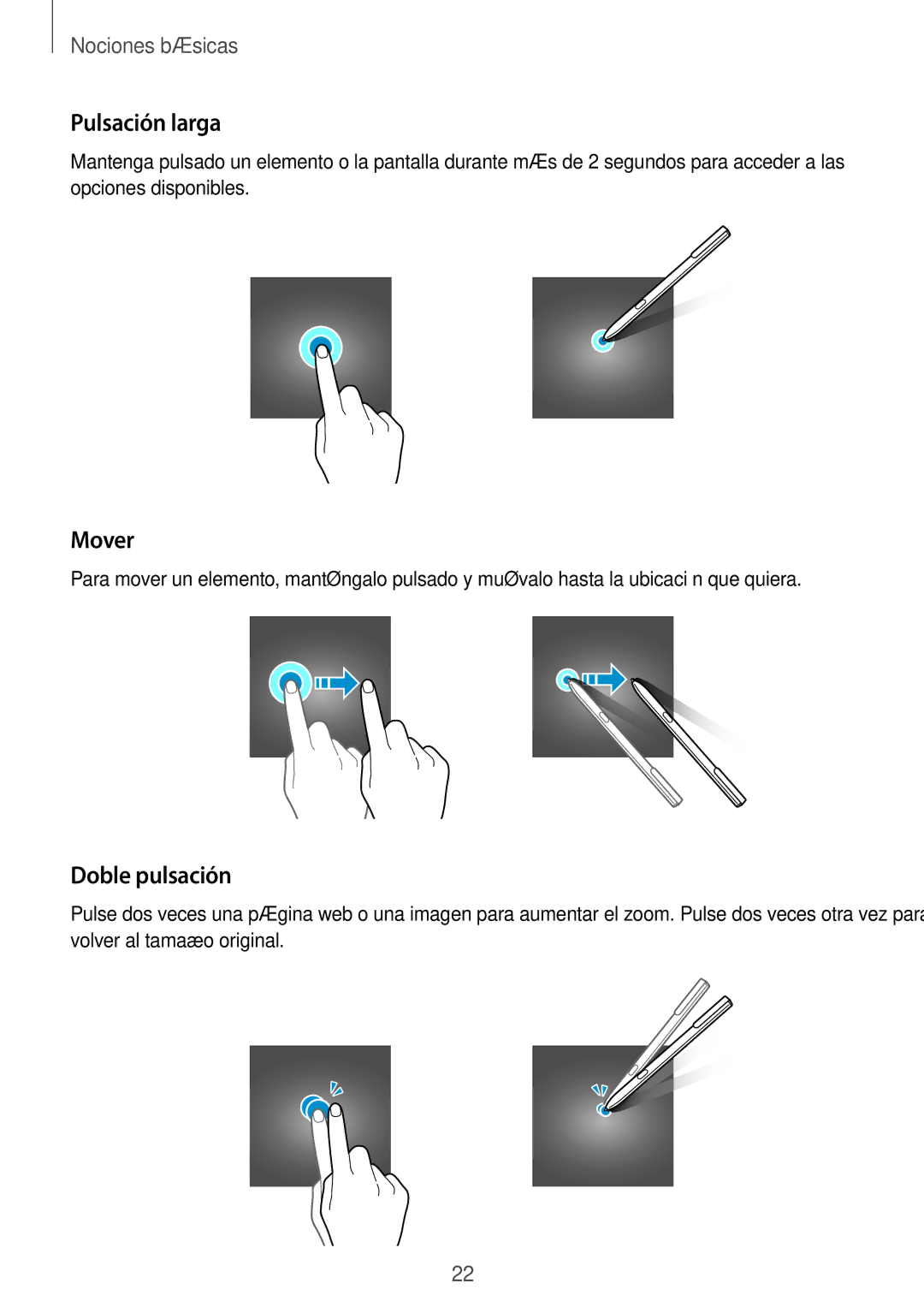 Samsung SM-T820NZKAPHE, SM-T820NZSAPHE manual Pulsación larga, Mover, Doble pulsación 