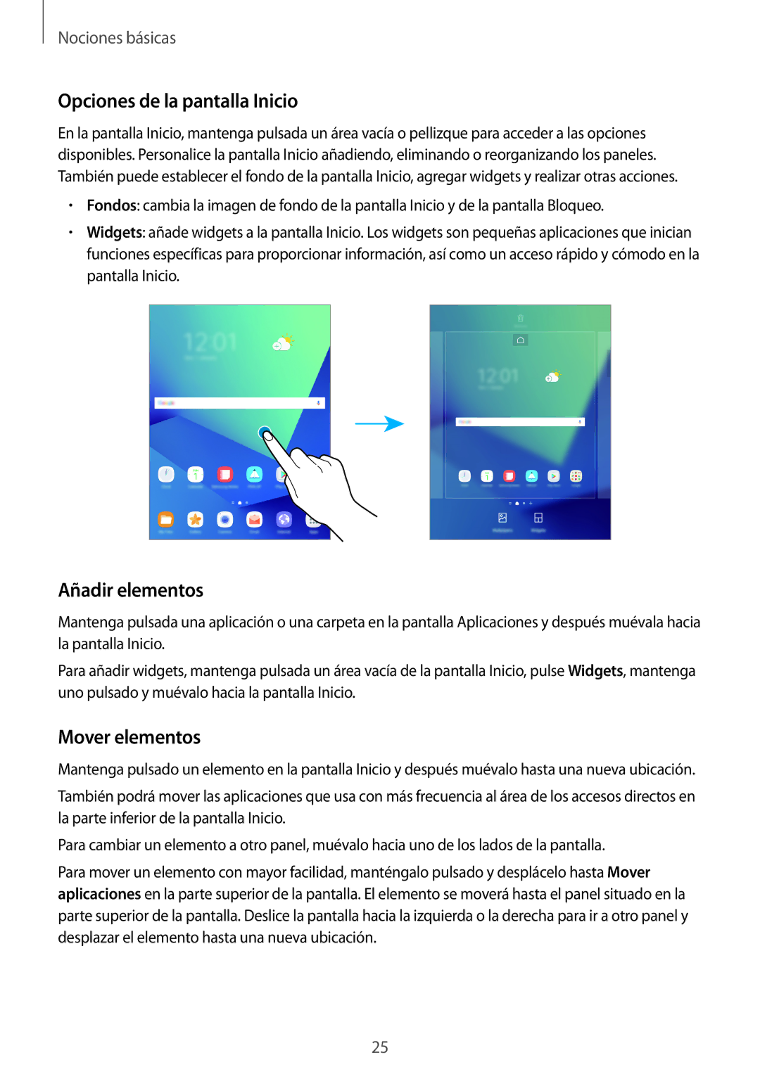 Samsung SM-T820NZSAPHE, SM-T820NZKAPHE manual Opciones de la pantalla Inicio, Añadir elementos, Mover elementos 
