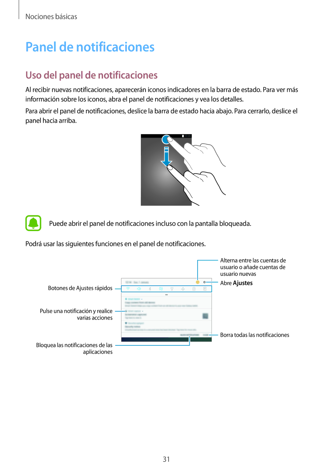 Samsung SM-T820NZSAPHE, SM-T820NZKAPHE manual Panel de notificaciones, Uso del panel de notificaciones 